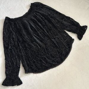 Tantrums | Velvet Burnout Smocked Elastic Neck Ruffle Sleeve Sheer Top Black (M)